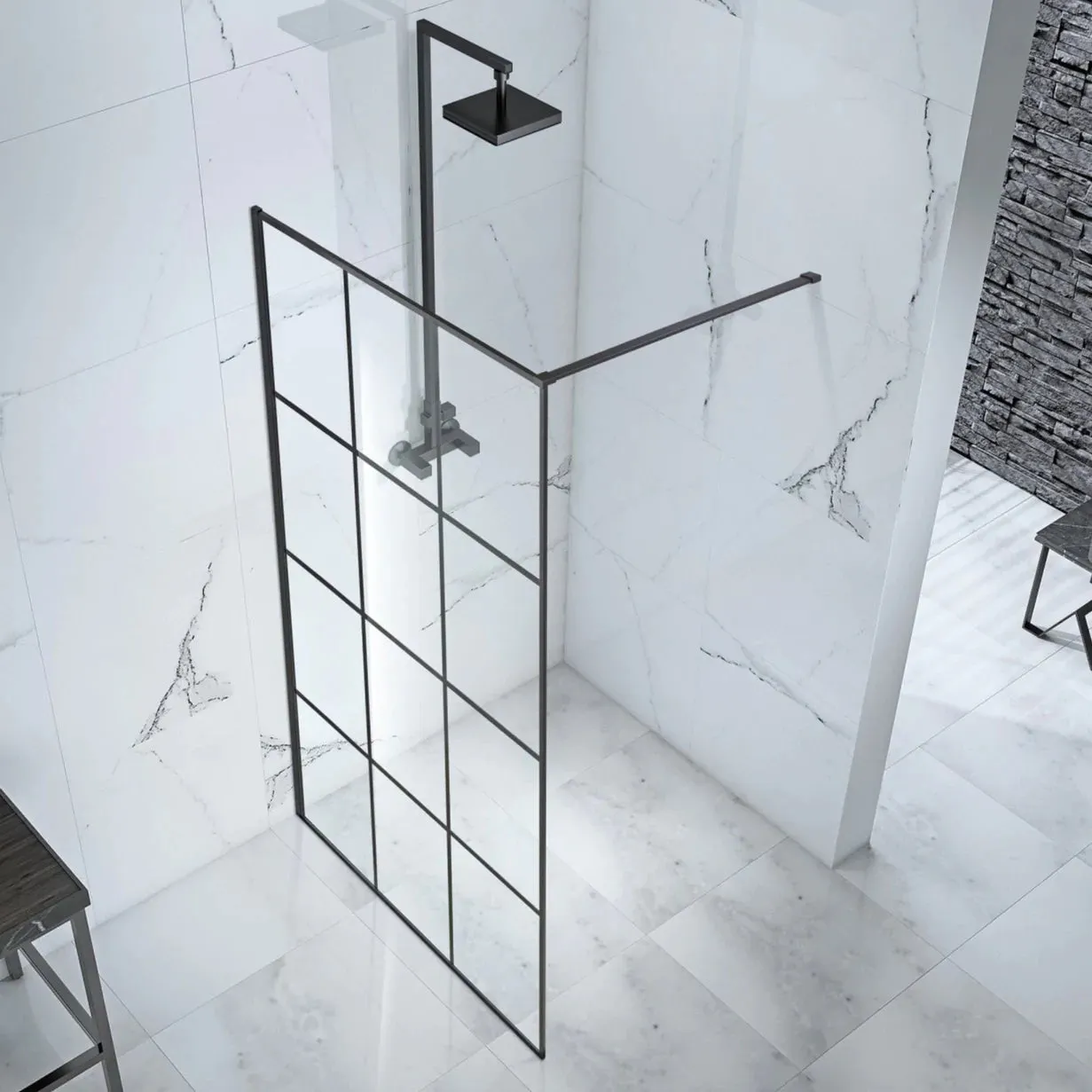 1000mm Black Frame Walk-in Shower Panel & Towel Rail