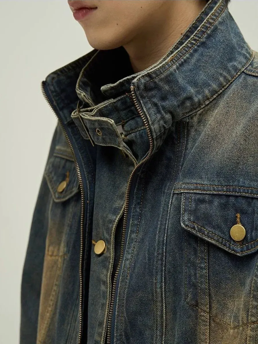 Aidase Vintage Denim Jacket Man Woman Short Zipper Single Breasted Cowboy Crop Coats Blue Washed Stand Collar Unisex Jeans Outerwear