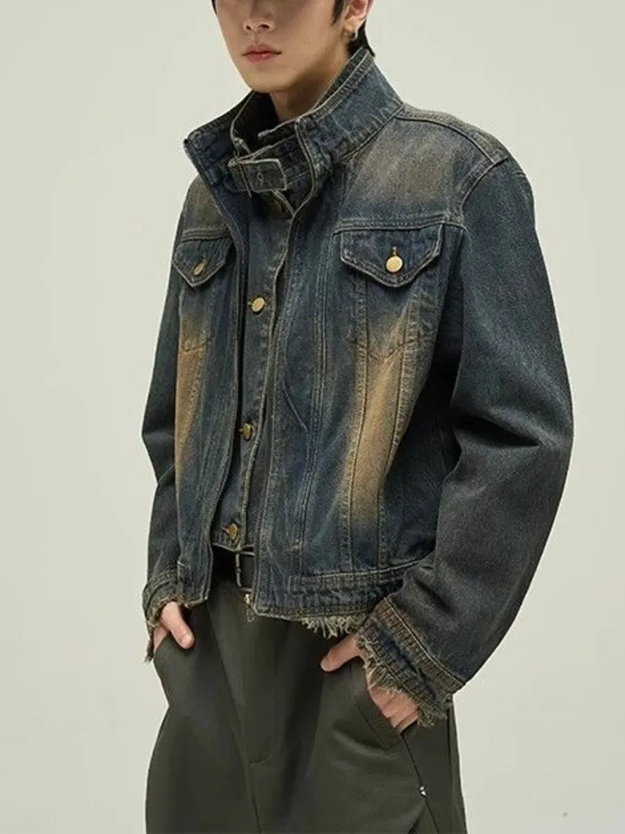 Aidase Vintage Denim Jacket Man Woman Short Zipper Single Breasted Cowboy Crop Coats Blue Washed Stand Collar Unisex Jeans Outerwear