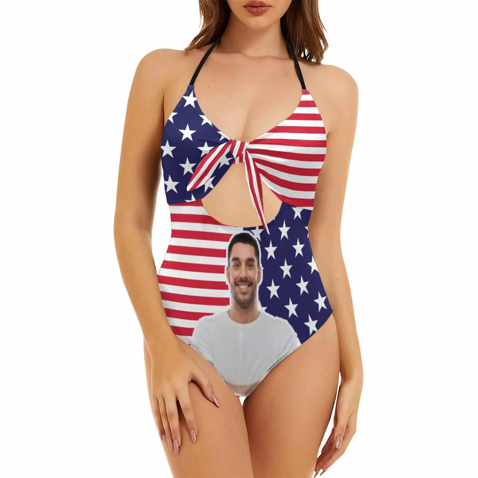 American Flag Monokini Custom Face Flag Swimsuit Personalized Women's Backless Bow Hollow Out One Piece Bathing Suit