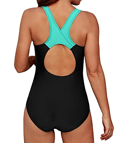 Athletic Racerback Women One Piece Swimsuits-Black And Aqua