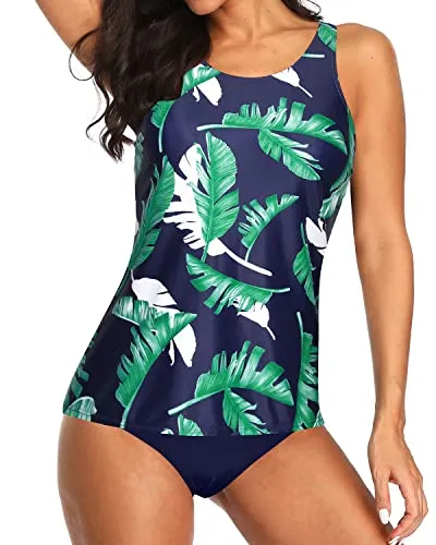 Backless Tank Top Tankini 2 Piece Swimsuits-Blue Leaf