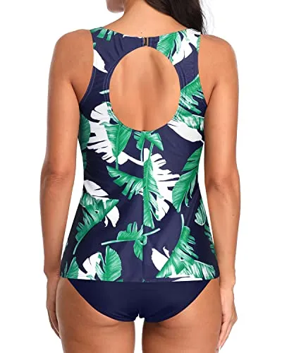 Backless Tank Top Tankini 2 Piece Swimsuits-Blue Leaf