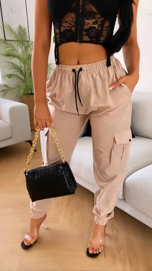 Beige Cuffed Hem Shell Cargo Trousers