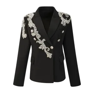 Black Slimming Blazers For Women Notched Collar Long Sleeve Patchwork Embroidered Flares Temperament Blazer Female