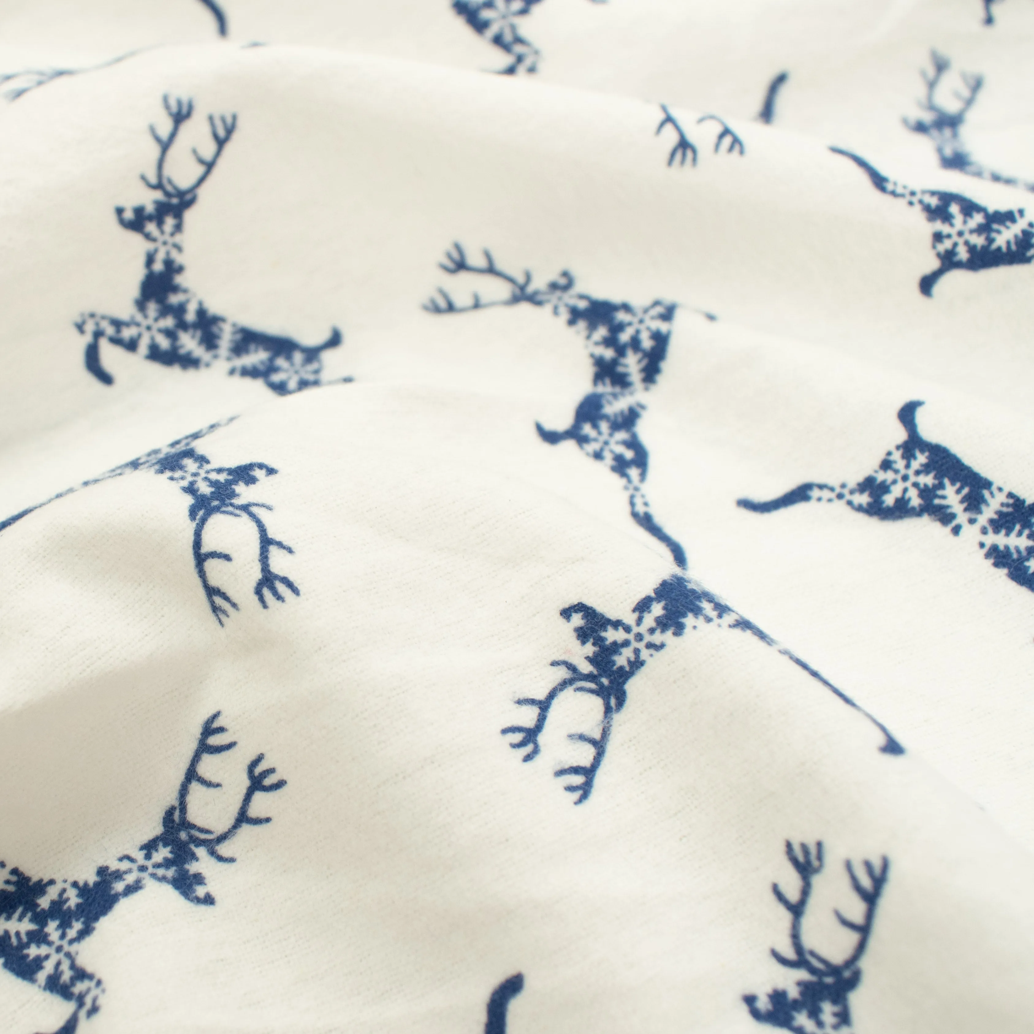 Blue Snow Reindeer on White Printed Flannelette