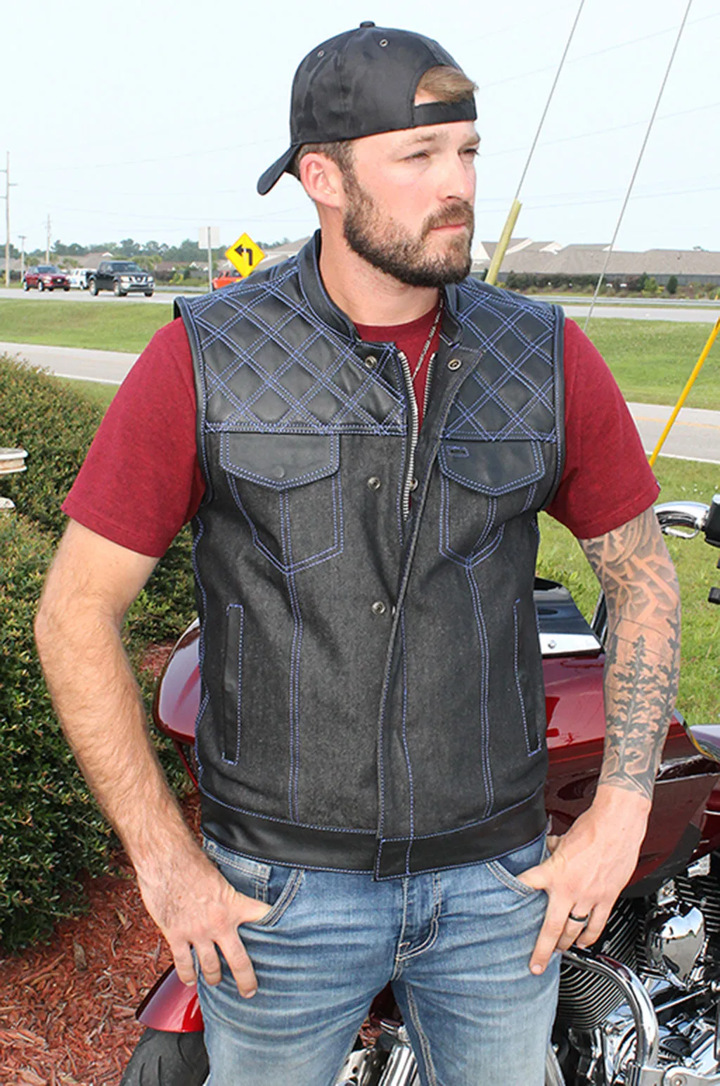 Blue Stitch Denim Leather Quilt Concealed Pocket Vest #VM6680DGQU ()