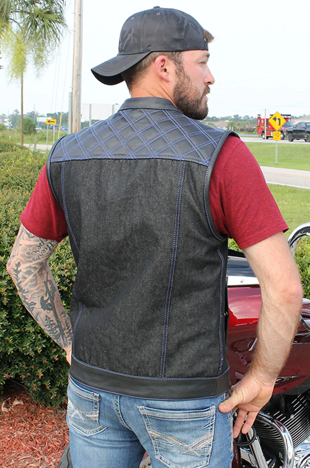 Blue Stitch Denim Leather Quilt Concealed Pocket Vest #VM6680DGQU ()