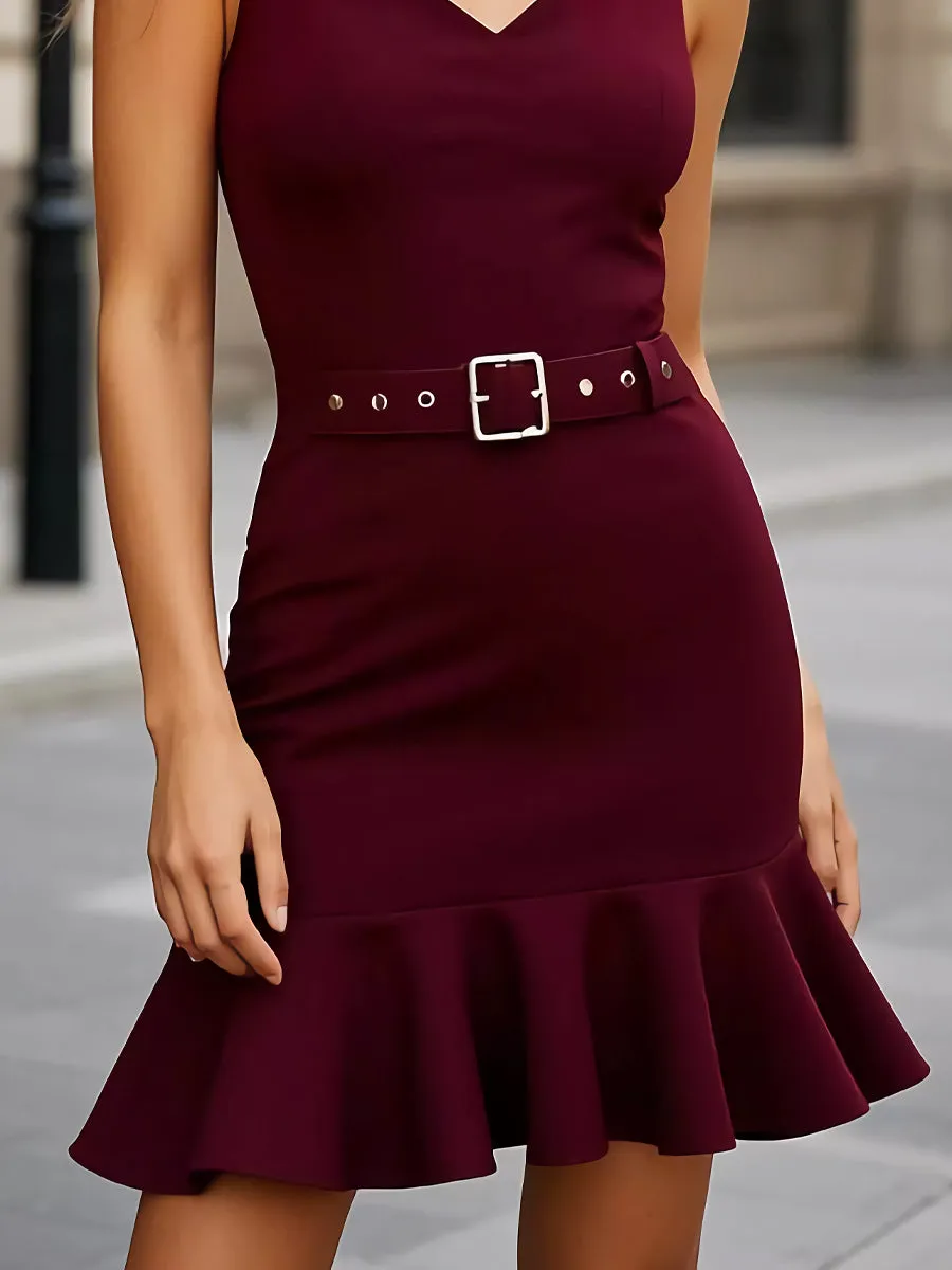 Chic Burgundy Sleeveless Belted Ruffle Hem Dress