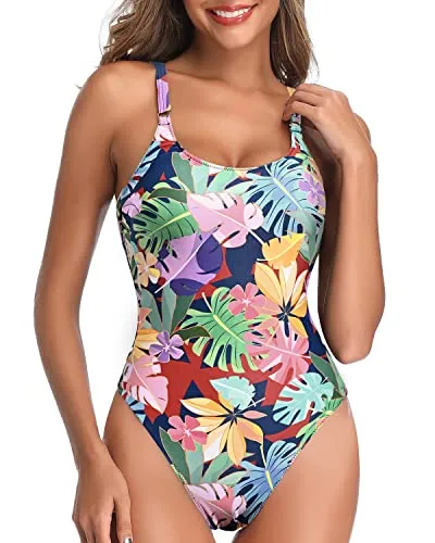 Chic Lace Up Side Detailing Sexy Lace Up Swimsuits For Women-Colorful Leaves