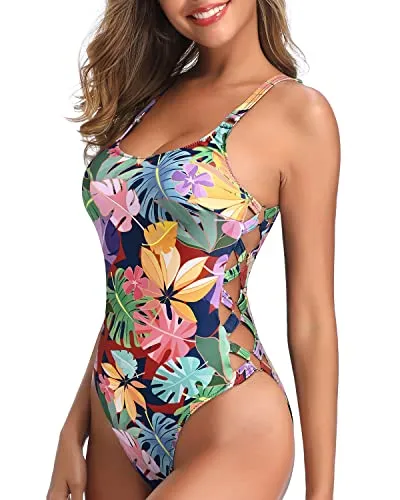 Chic Lace Up Side Detailing Sexy Lace Up Swimsuits For Women-Colorful Leaves