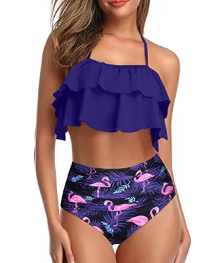 Chic Ruffle High Waisted Teen Girls' 2 Piece Bathing Suit-Blue Flamingo