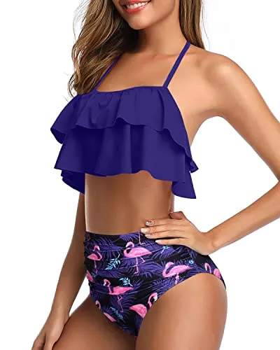 Chic Ruffle High Waisted Teen Girls' 2 Piece Bathing Suit-Blue Flamingo