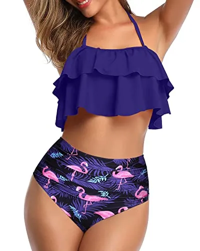 Chic Ruffle High Waisted Teen Girls' 2 Piece Bathing Suit-Blue Flamingo