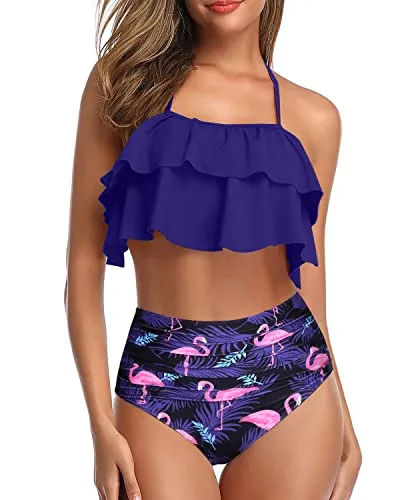 Chic Ruffle High Waisted Teen Girls' 2 Piece Bathing Suit-Blue Flamingo