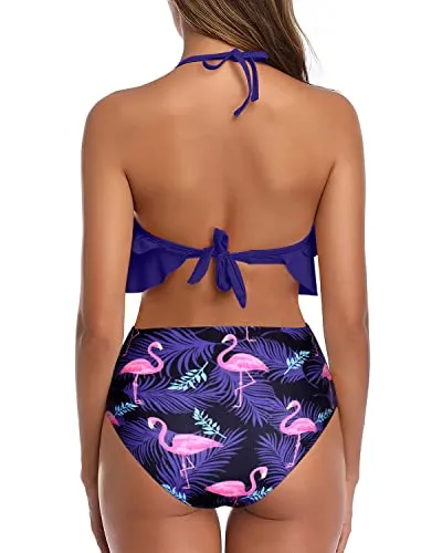 Chic Ruffle High Waisted Teen Girls' 2 Piece Bathing Suit-Blue Flamingo