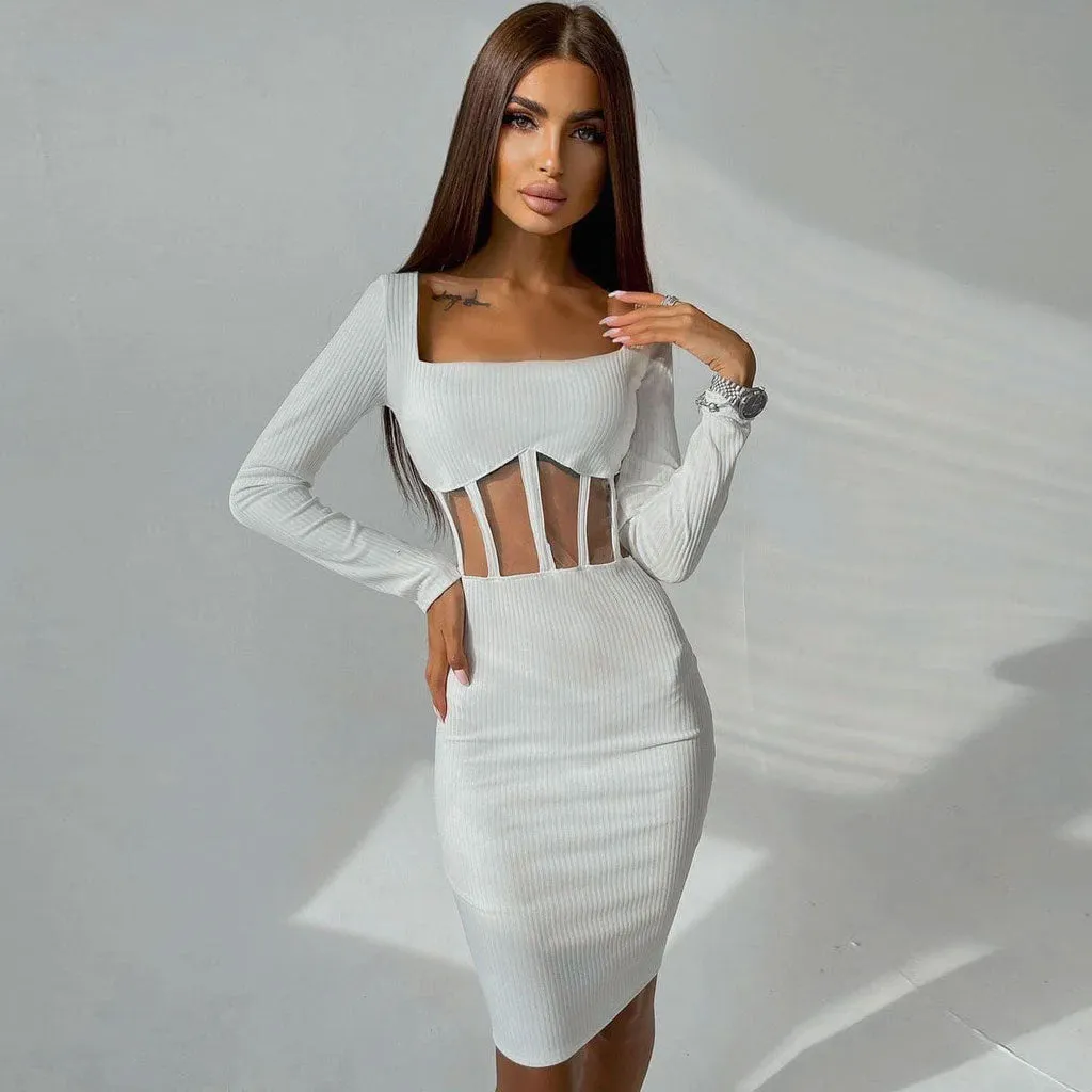 Chic Square Neck Long Sleeve Mesh Panel Rib Knit Midi Dress - White