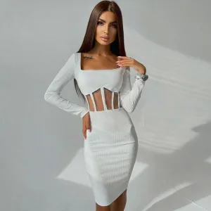 Chic Square Neck Long Sleeve Mesh Panel Rib Knit Midi Dress - White