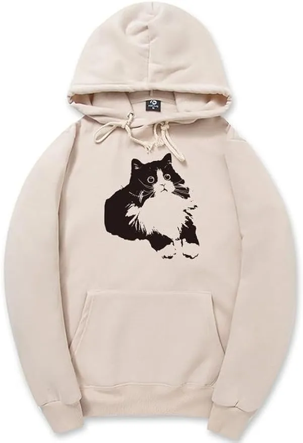 CORIRESHA Cute Cat Hoodie Long Sleeve Drawstring Soft Cotton Basic Sweatshirt