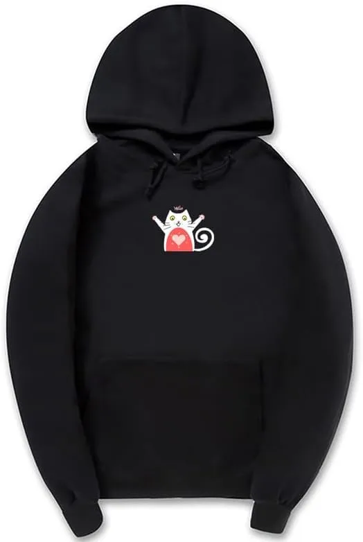 CORIRESHA Unisex Cat Lovers Heart Hoodie Long Sleeves Drawstring Pockets Casual Sweatshirts