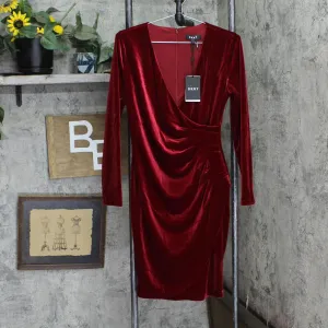 DKNY Womens L/S V-Neck Side Ruche Velvet Sheath Dress DD9IF965 Red 6