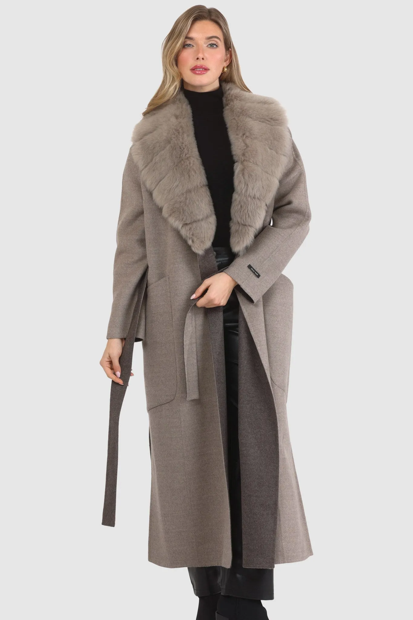 Double Face Loro Piana Cashmere & Wool Coat with Detachable Merinillo Shearling Lamb Collar, Belt