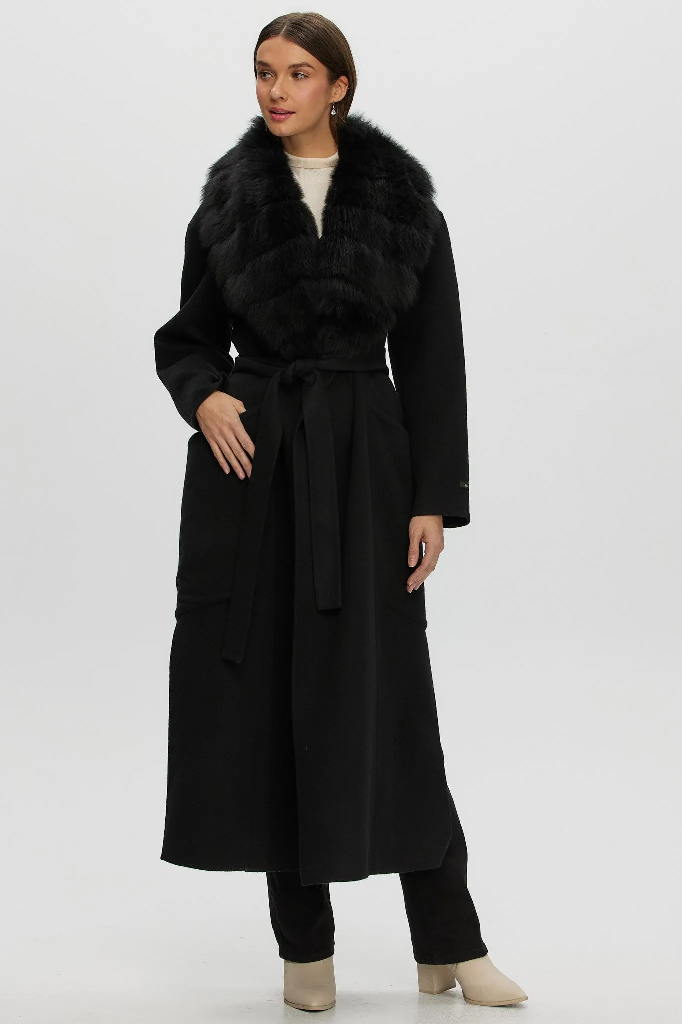 Double Face Loro Piana Cashmere & Wool Coat with Detachable Merinillo Shearling Lamb Collar, Belt