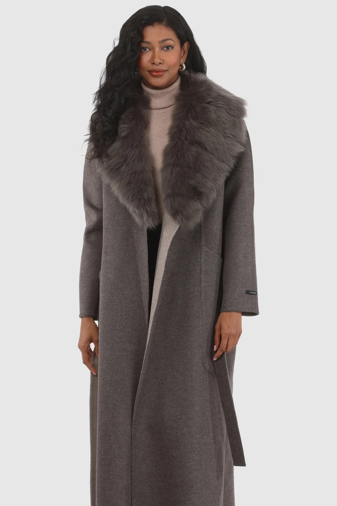 Double Face Loro Piana Cashmere & Wool Coat with Detachable Merinillo Shearling Lamb Collar, Belt