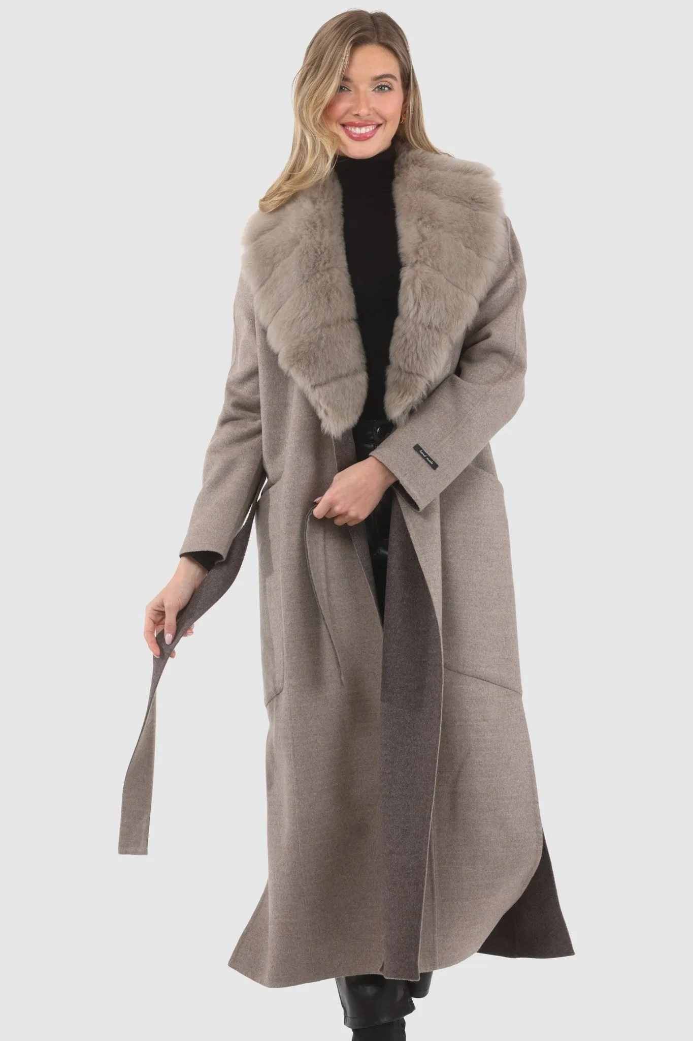 Double Face Loro Piana Cashmere & Wool Coat with Detachable Merinillo Shearling Lamb Collar, Belt