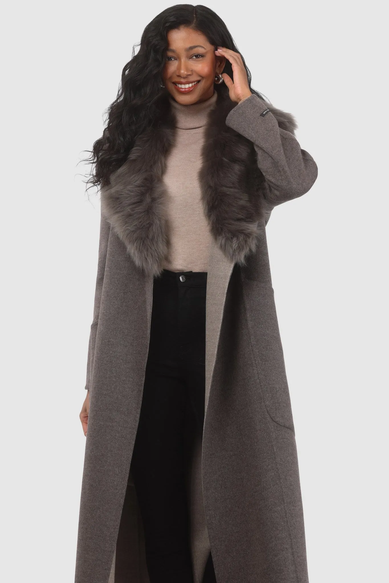 Double Face Loro Piana Cashmere & Wool Coat with Detachable Merinillo Shearling Lamb Collar, Belt