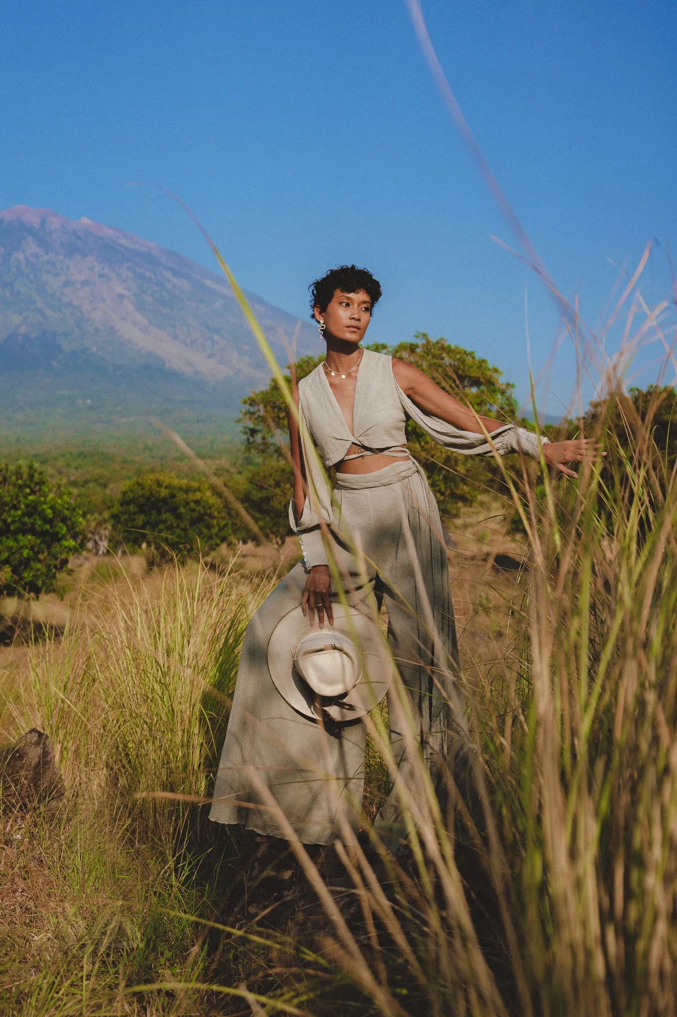 Dusty Blue Ambrosia Set Top & Trousers • Organic Set for Women • Boho Crop Top and Pants