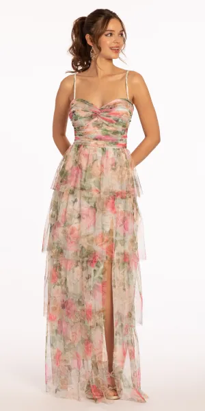 Floral Mesh Sweetheart Tiered Dress with Keyhole