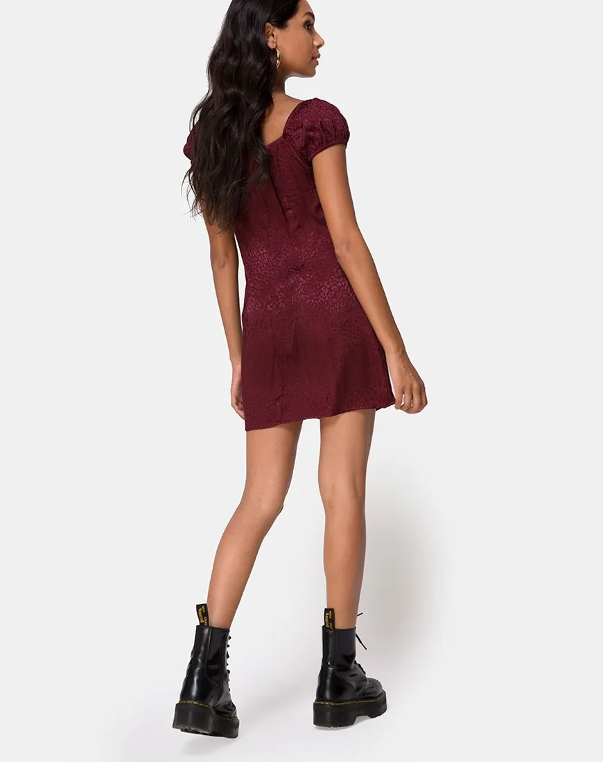 Gaval Mini Dress in Satin Cheetah Burgundy