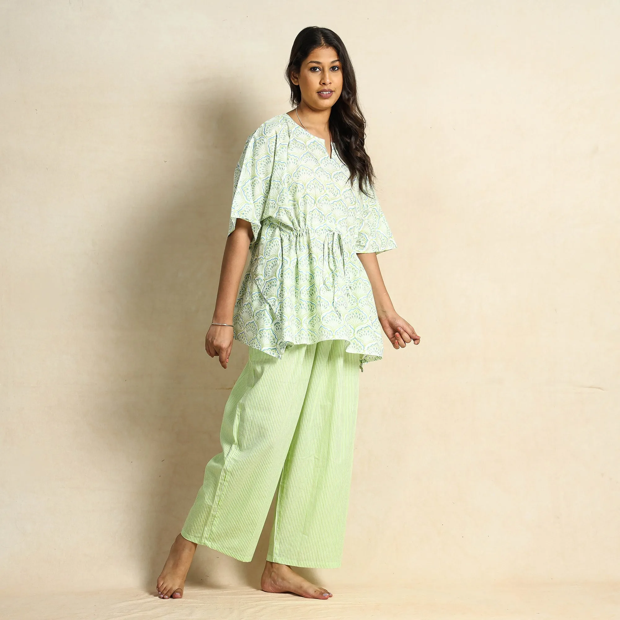 Green - Hand Block Printed Cotton Kaftan & Pyjama Night Suit Set