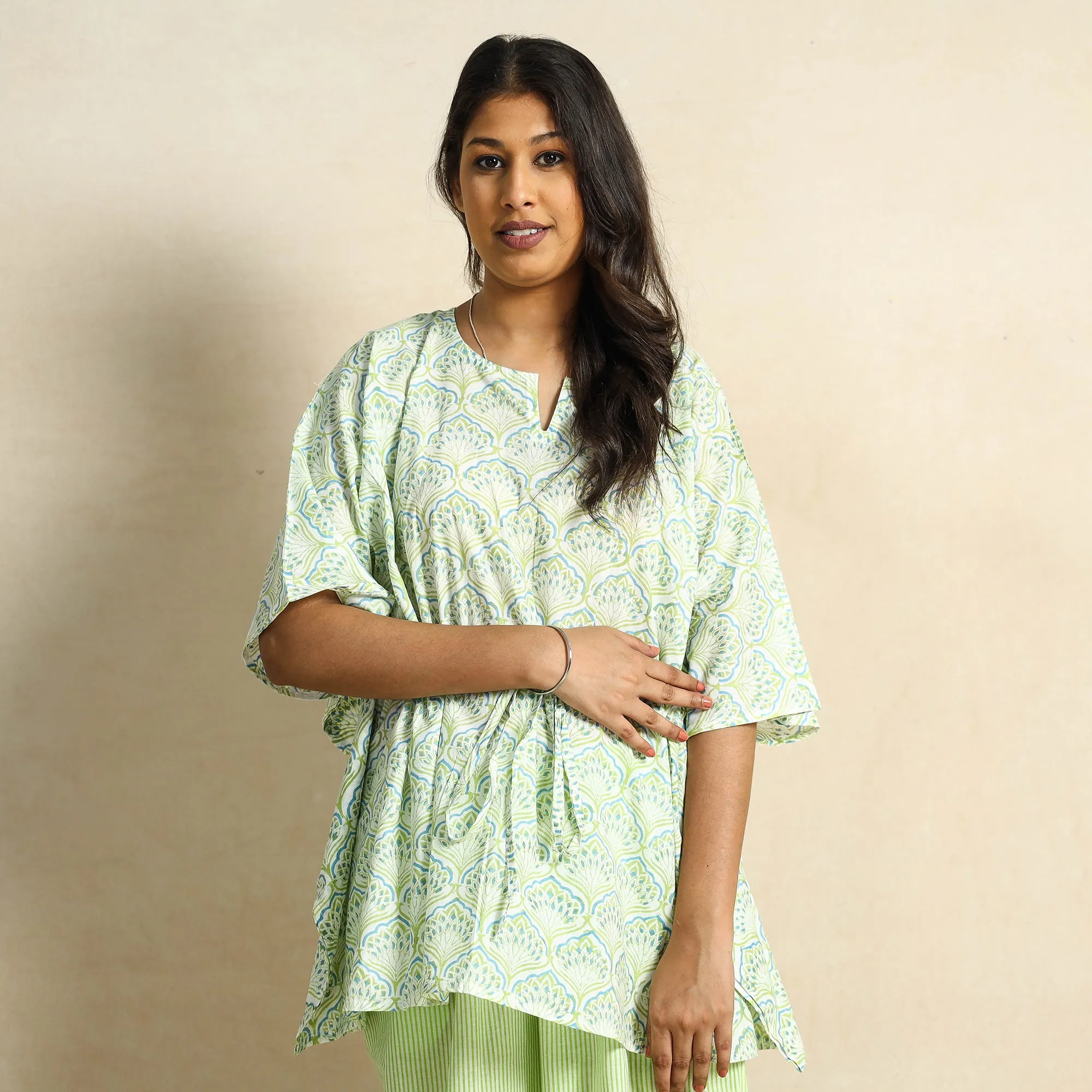 Green - Hand Block Printed Cotton Kaftan & Pyjama Night Suit Set