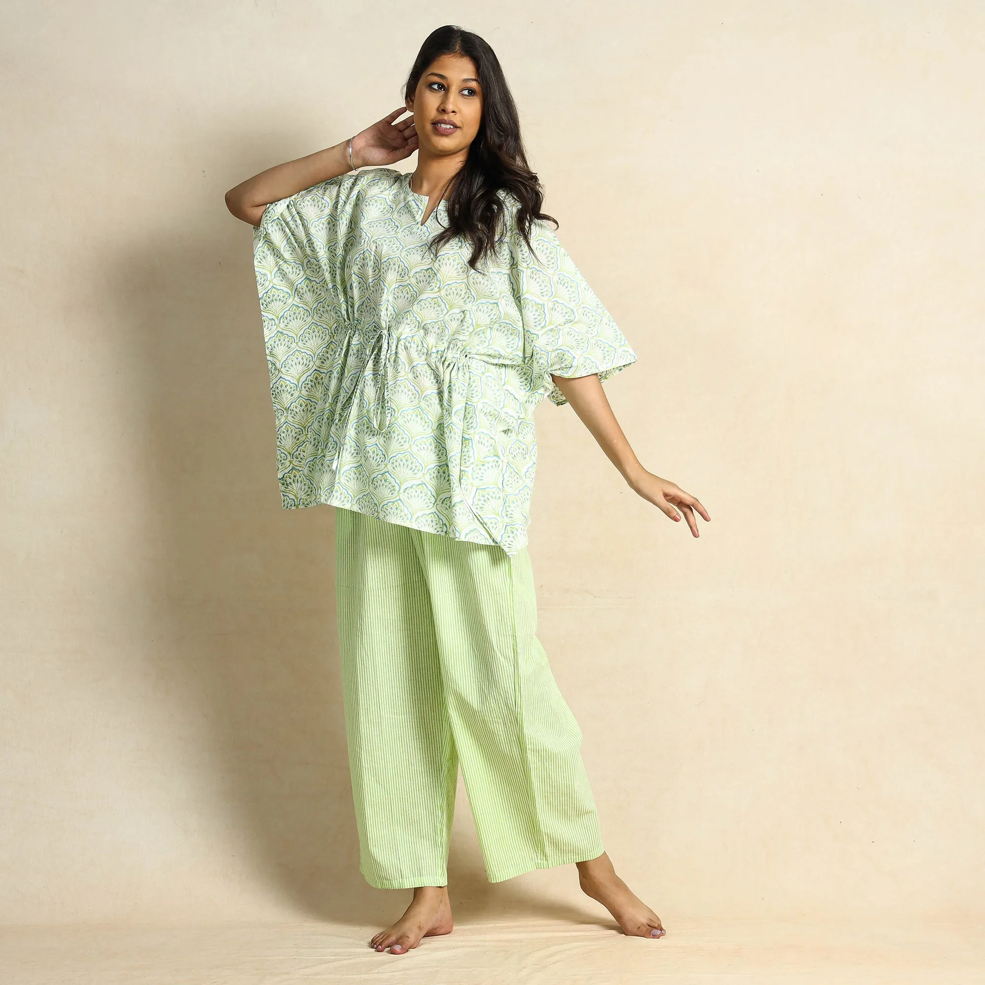 Green - Hand Block Printed Cotton Kaftan & Pyjama Night Suit Set