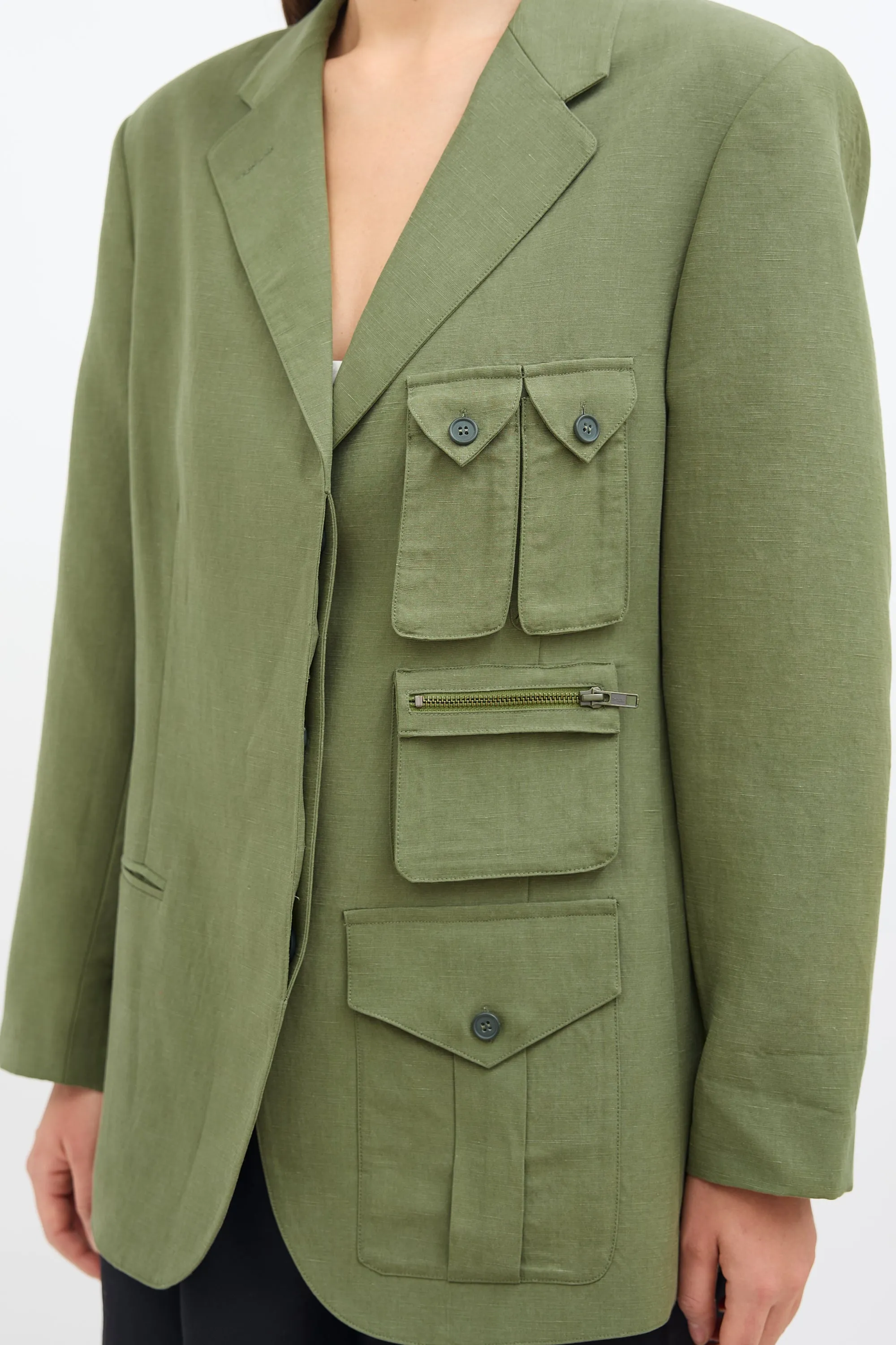 Green Linen Surplus Cargo Blazer