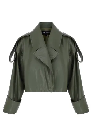 Green Vegan Leather Shoulder Detailed Jacket