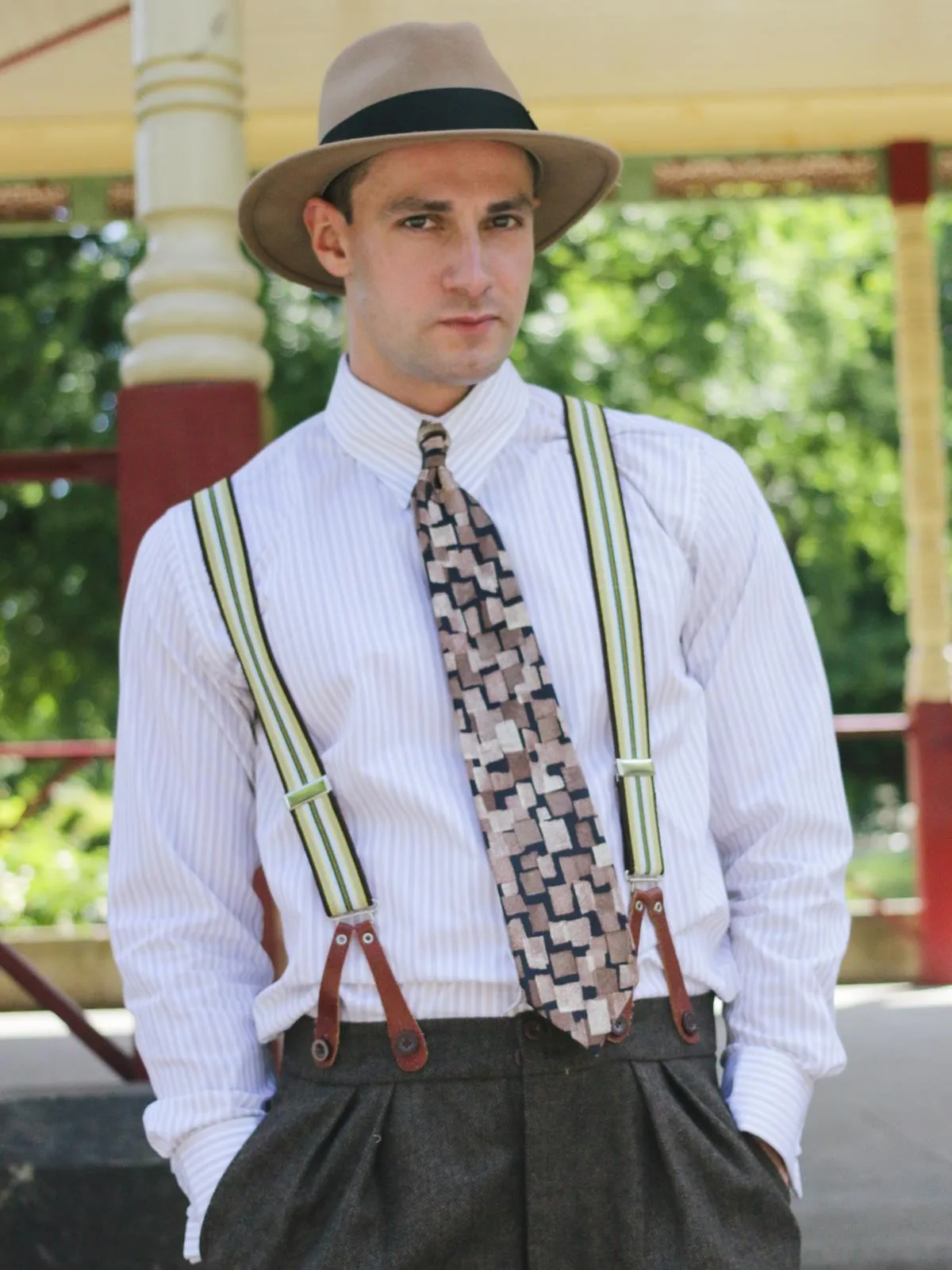 Grey & Blue Stripe Braces with Blue Leather Loops