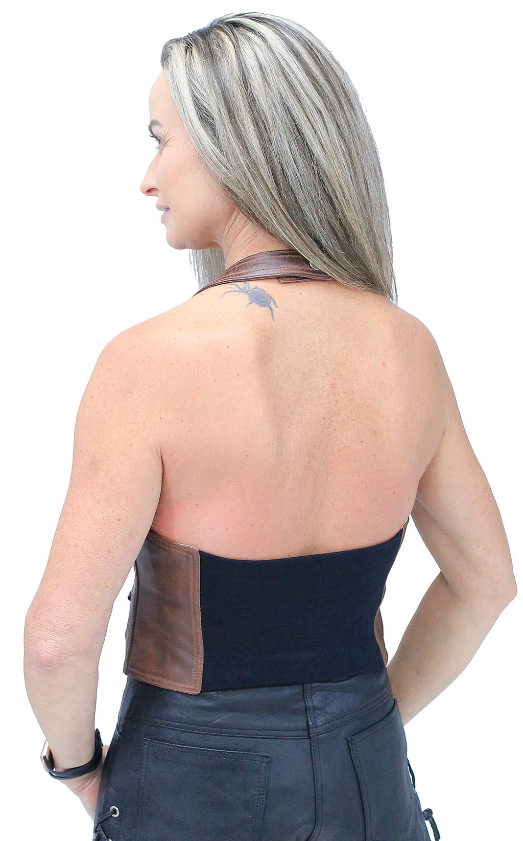 Hand Antiqued Brown Zip Leather Halter Vest #LH05131N