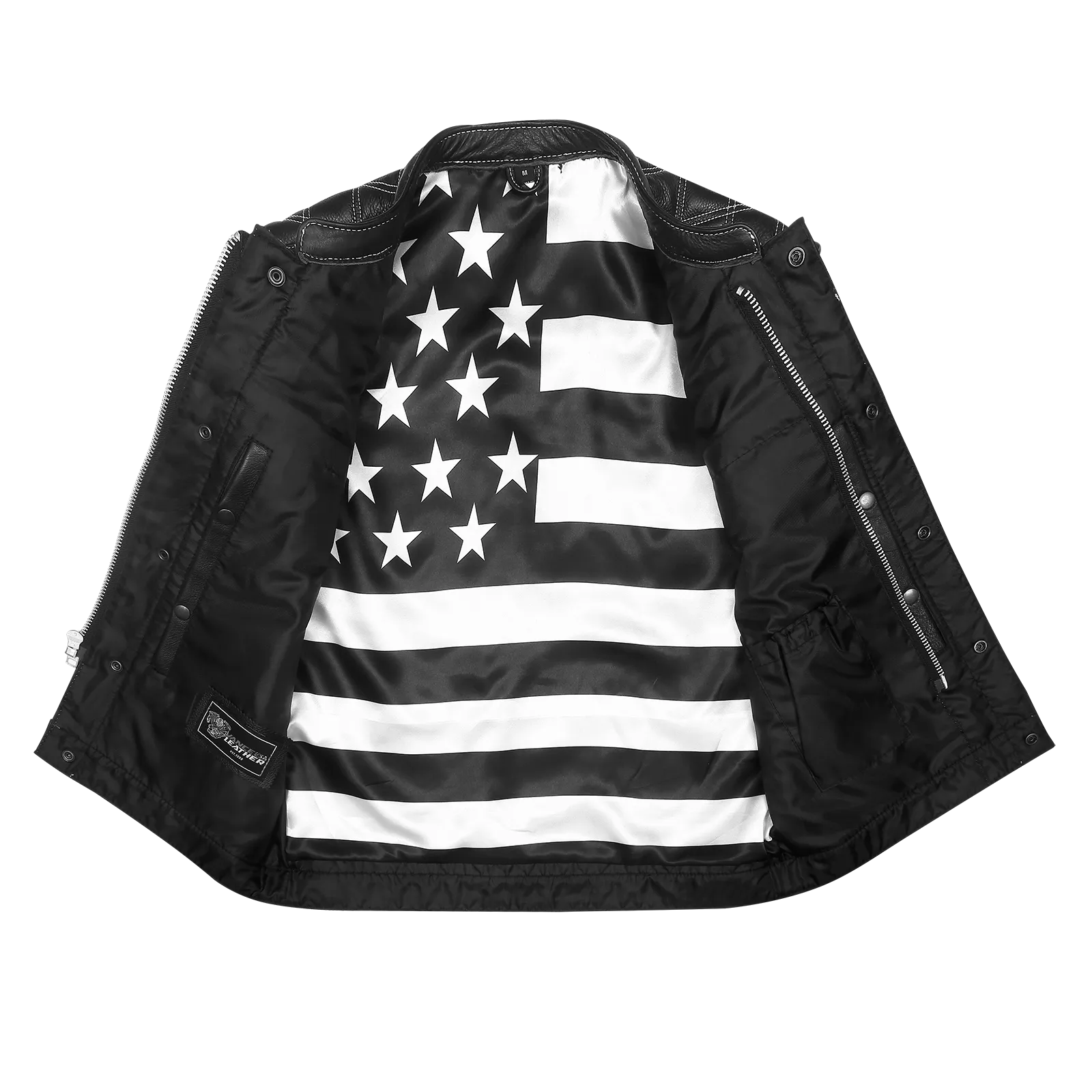 High Mileage HMM924BW Men's Zipper and Snap Closure Leather Club Vest with American Flag Liner White Stitching