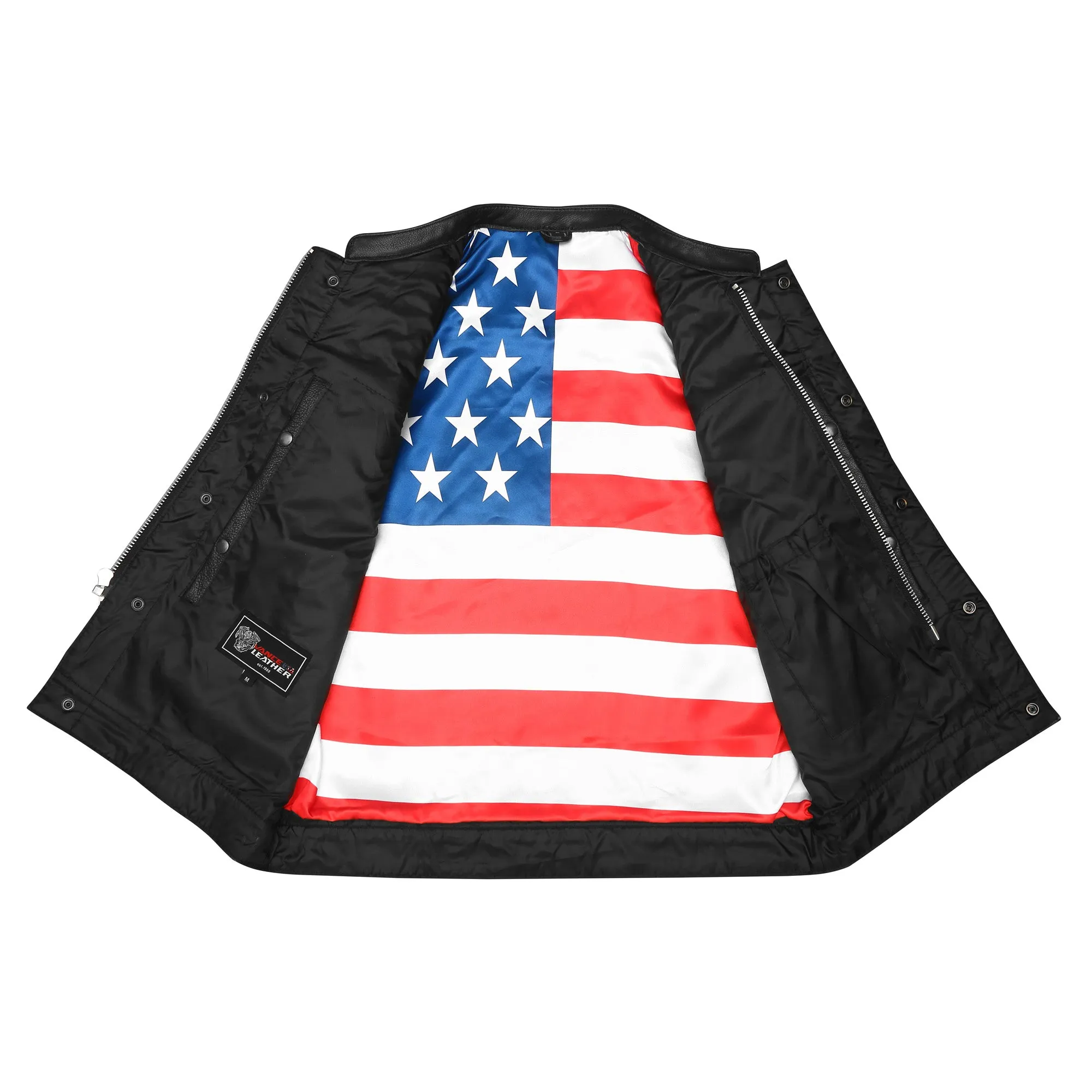 HMM914P High Mileage Men's Zipper and Snap Closure Leather Club Vest with padding Quick Access with American Flag Liner