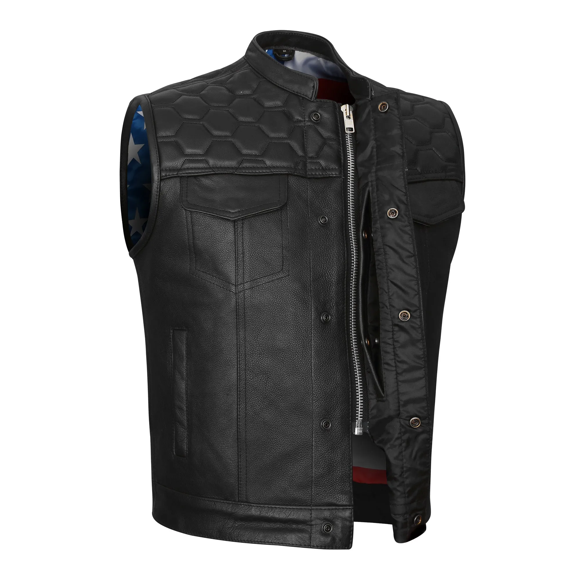 HMM914P High Mileage Men's Zipper and Snap Closure Leather Club Vest with padding Quick Access with American Flag Liner