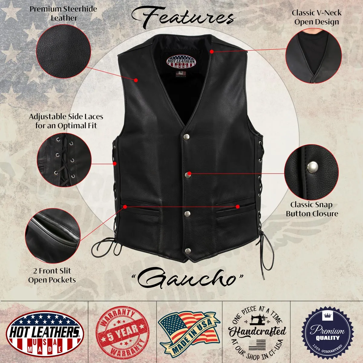 Hot Leathers VSM5003 USA Made Men's 'Gaucho' Black Extra Long Back Premium Steerhide Leather Vest