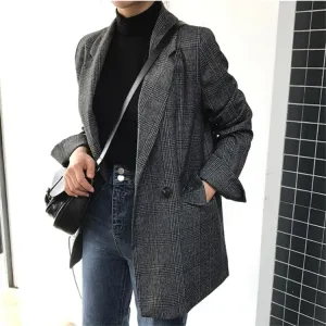 Joskaa New Autumn Winter Women's Blazers Plaid Double Breasted Pockets Formal Jackets Notched Fashionable Outerwear Tops JK7113