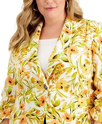 KASPER - Plus Size Linen Floral Shawl-Collar Blazer