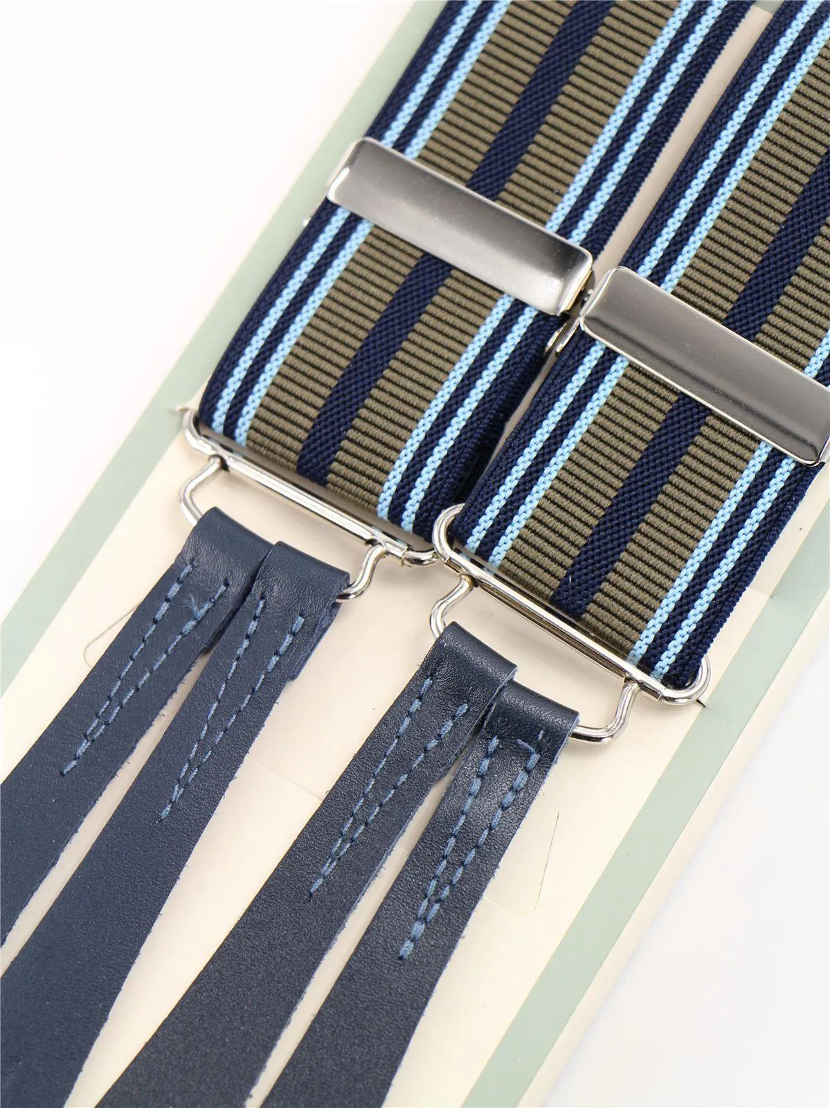 Khaki & Blue Stripe Button Braces with Blue Leather Loops