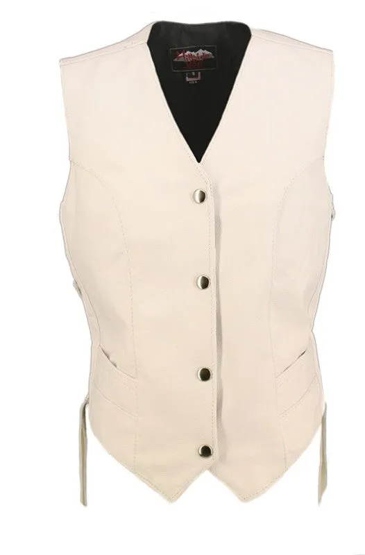 Ladies White Made in USA Leather Motorcycle Vest Side Laces