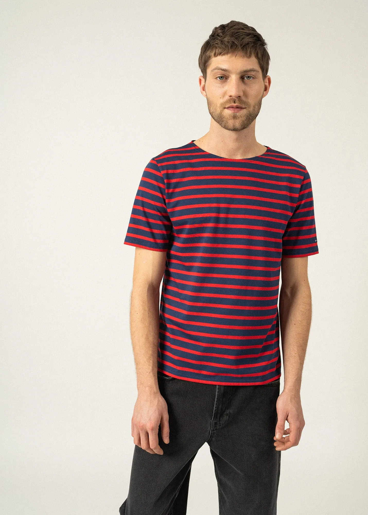 LEVANT MODERN - Breton Stripe Short Sleeve Shirt | Soft Cotton | Unisex Fit (NAVY / RED)