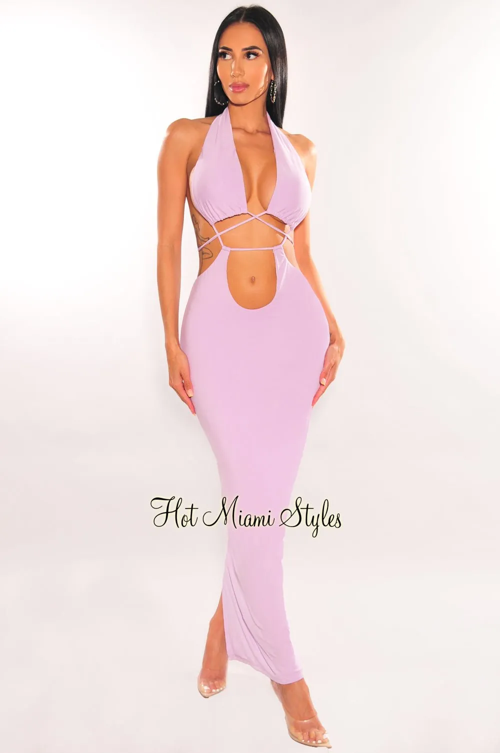 Lilac Halter Drawstring Keyhole Cut Out Dress